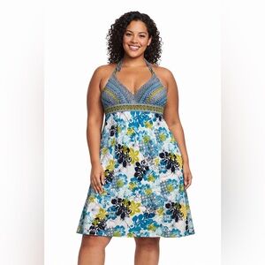 Athleta Pack Everywhere Halter Dress Size 14 Blue Floral Stretch EUC